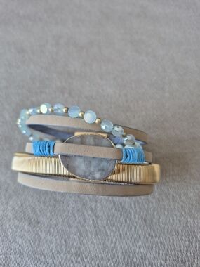 Stacked Blue & Gold Beaded Leather Wrap Bracelet